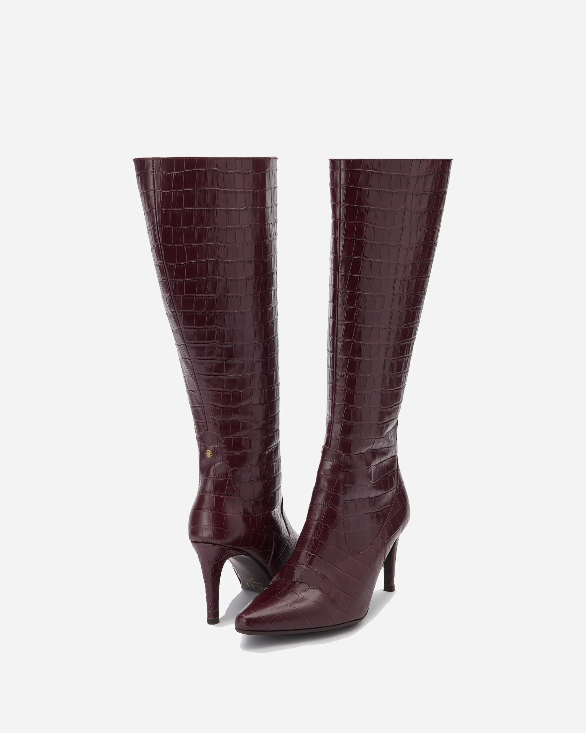 Freya Knee High Boots in Burgundy Croc - Image 3