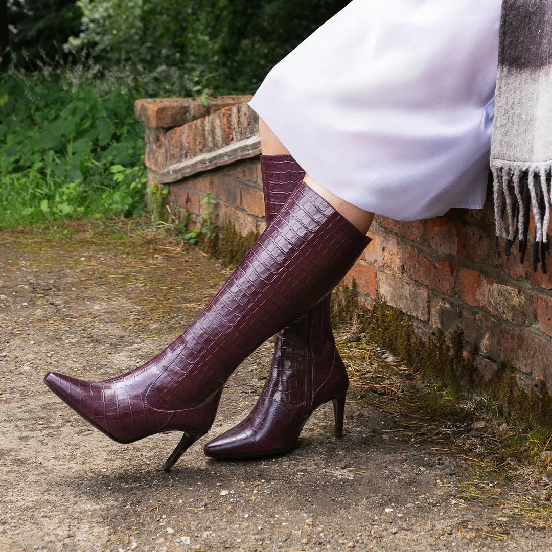 Freya Knee High Boots in Burgundy Croc - Image 4