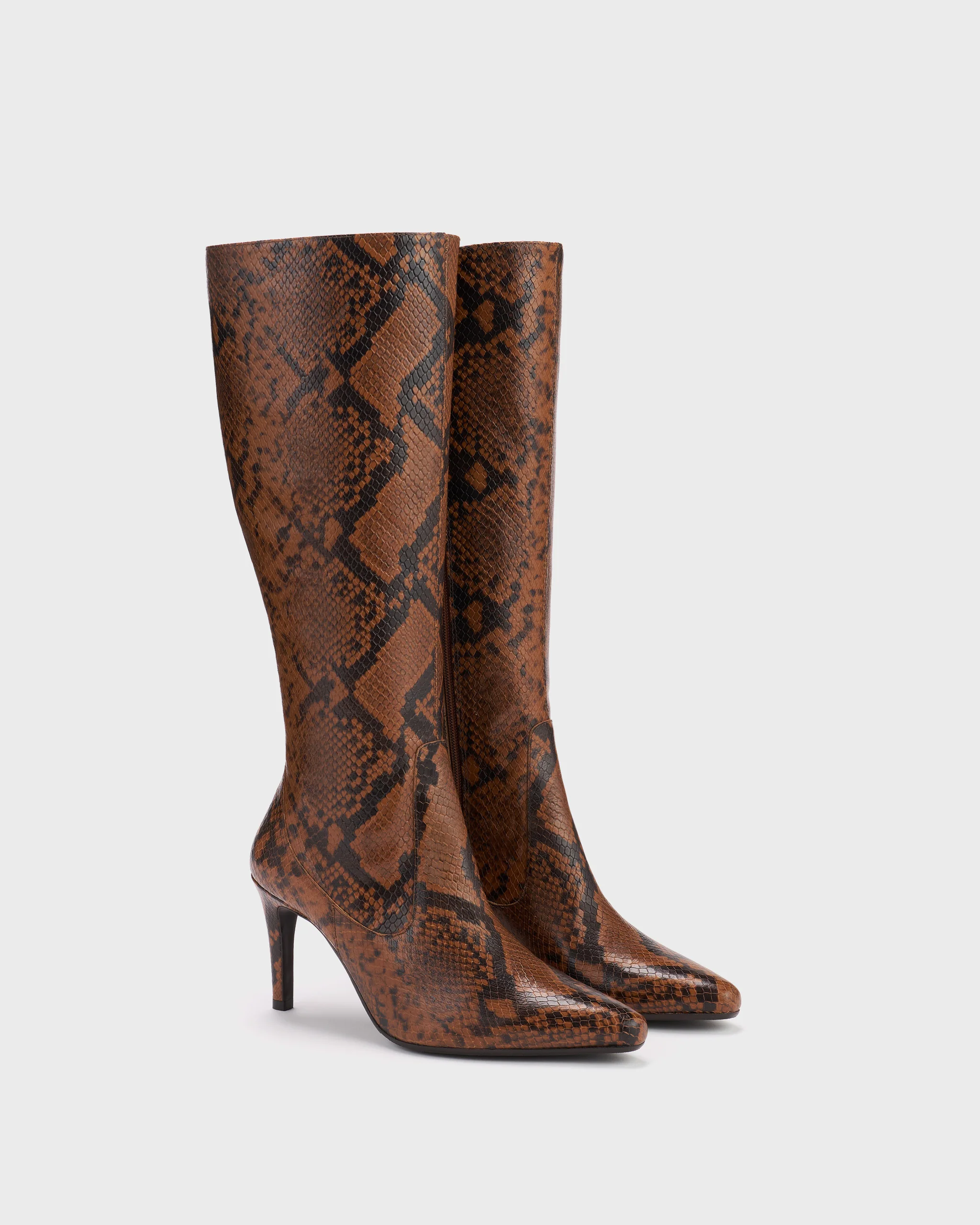 Freya Knee High Boots in Caramel Snake Print Leather - Image 2