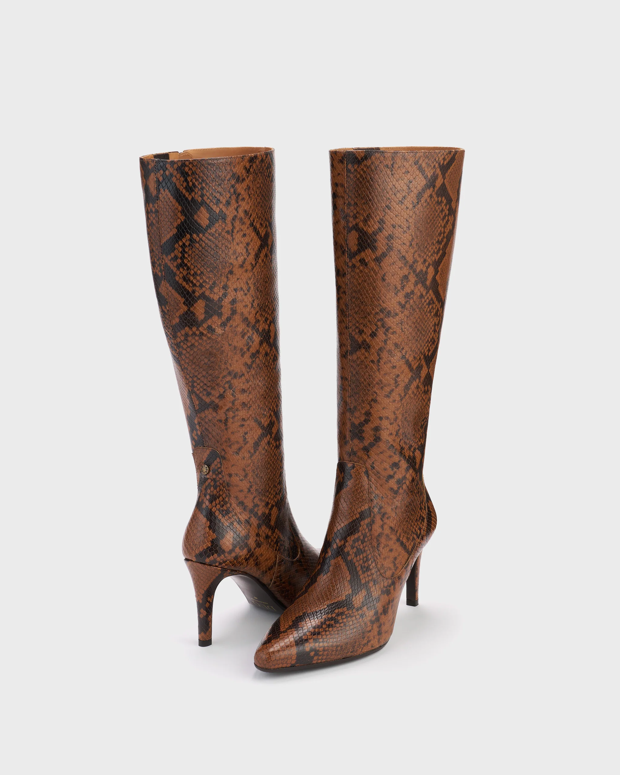 Freya Knee High Boots in Caramel Snake Print Leather - Image 3