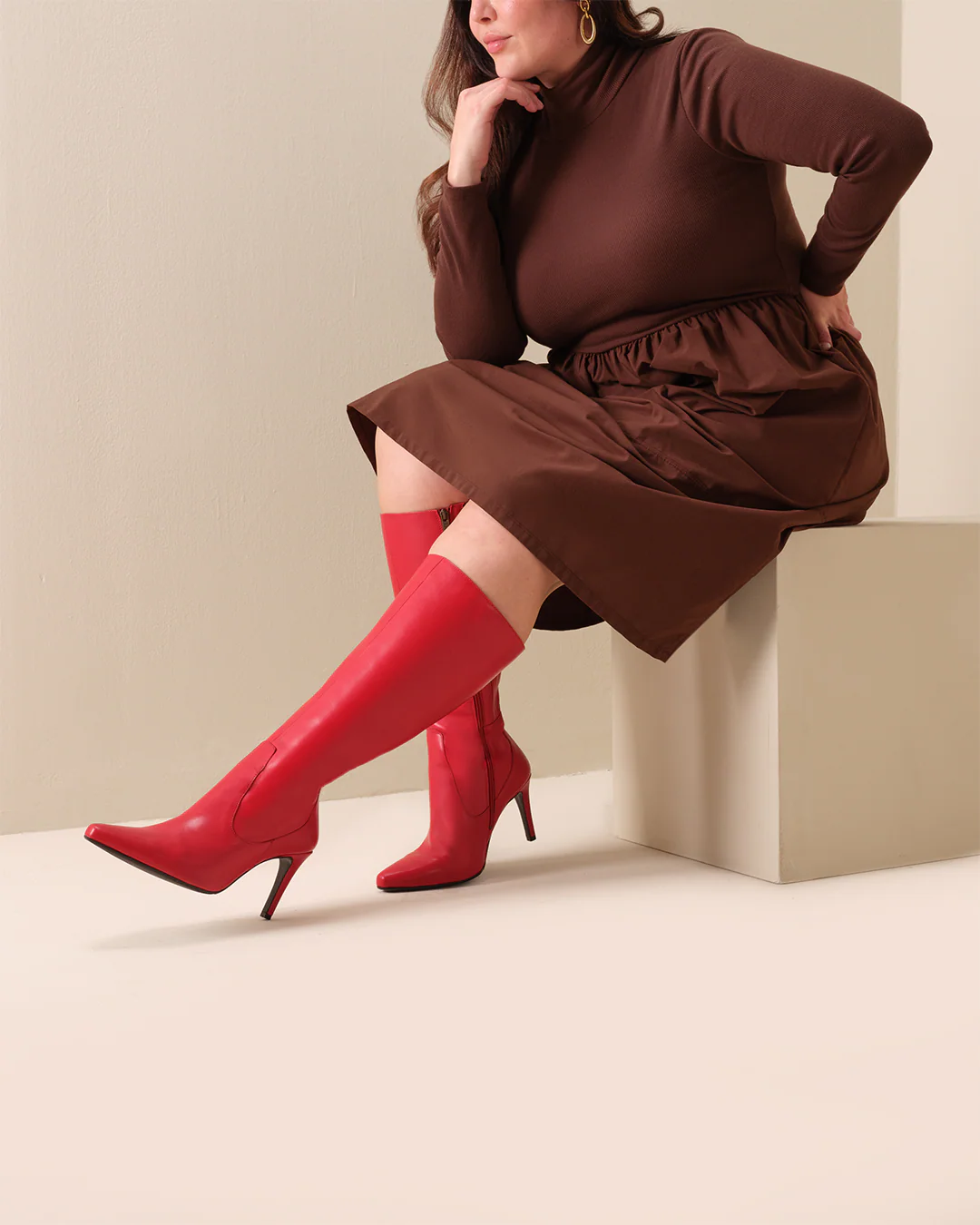 Freya Knee High Boots in Red Leather - Image 6