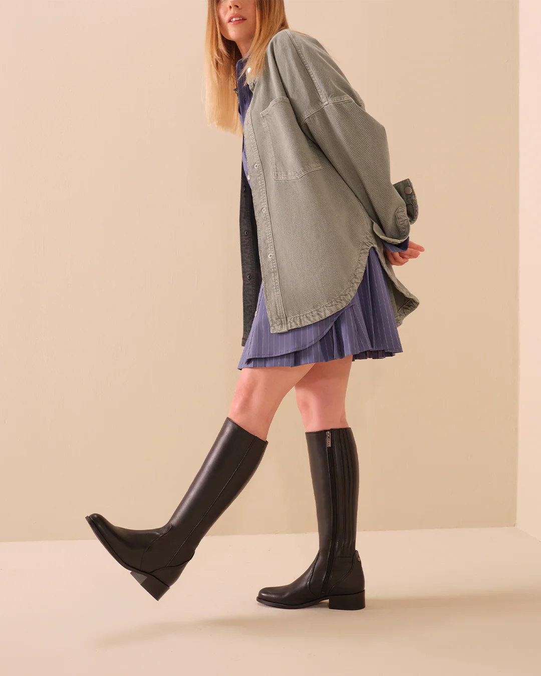 Haltham Petite Knee High Boots in Black Leather - Image 4