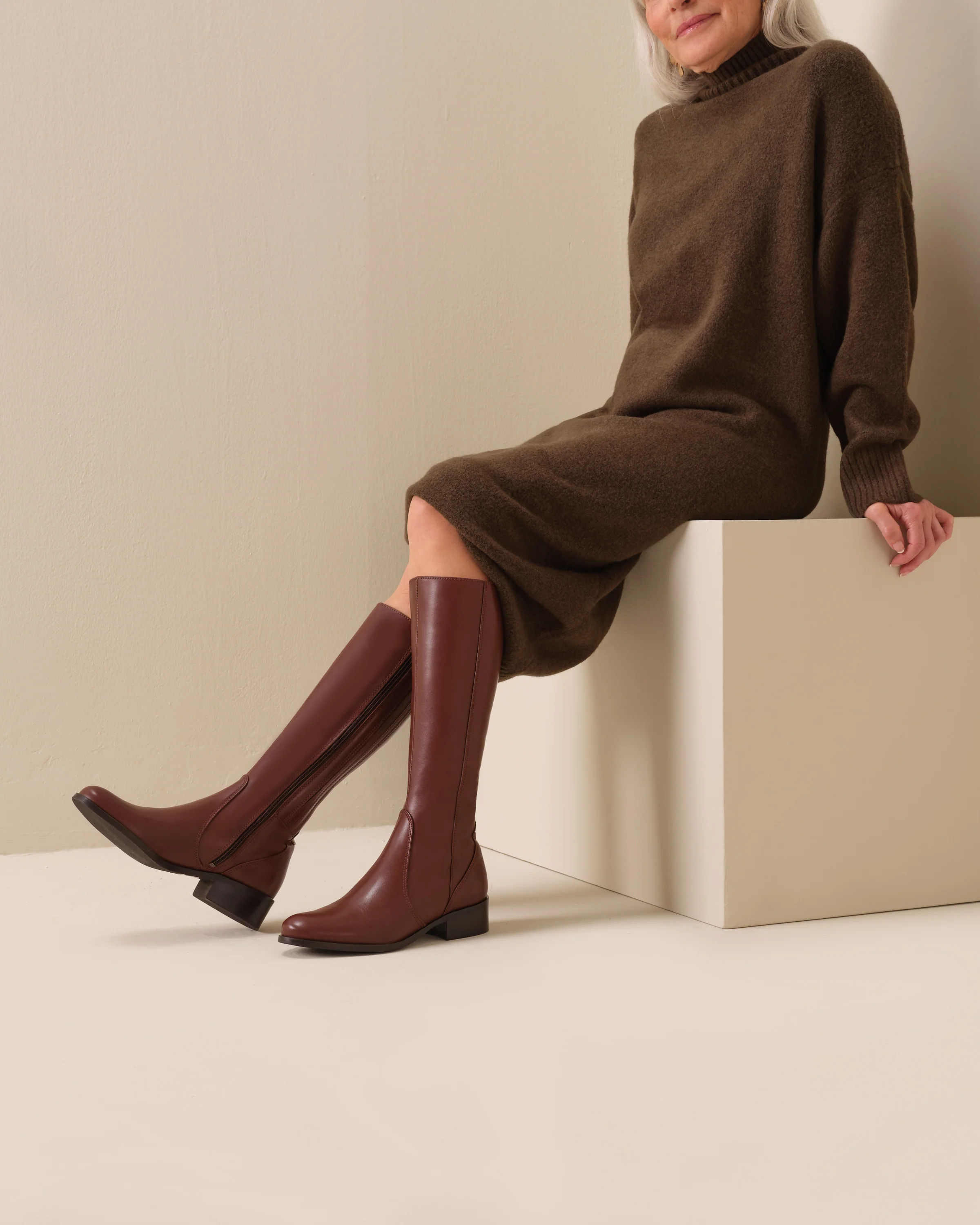 Haltham Petite Knee High Boots in Brown Leather - Image 6