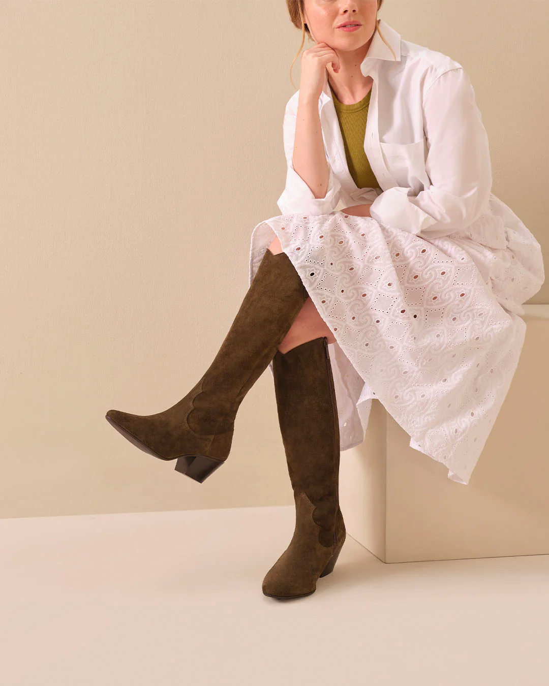 Saffron Knee High Boots in Forest Green Suede - Image 6