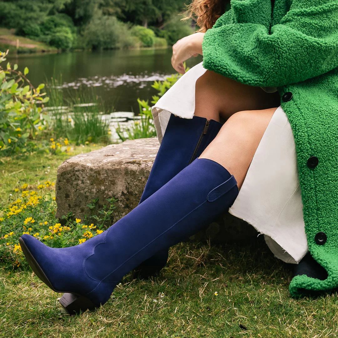 Saffron Knee High Boots in Navy Nubuck Leather - Image 3